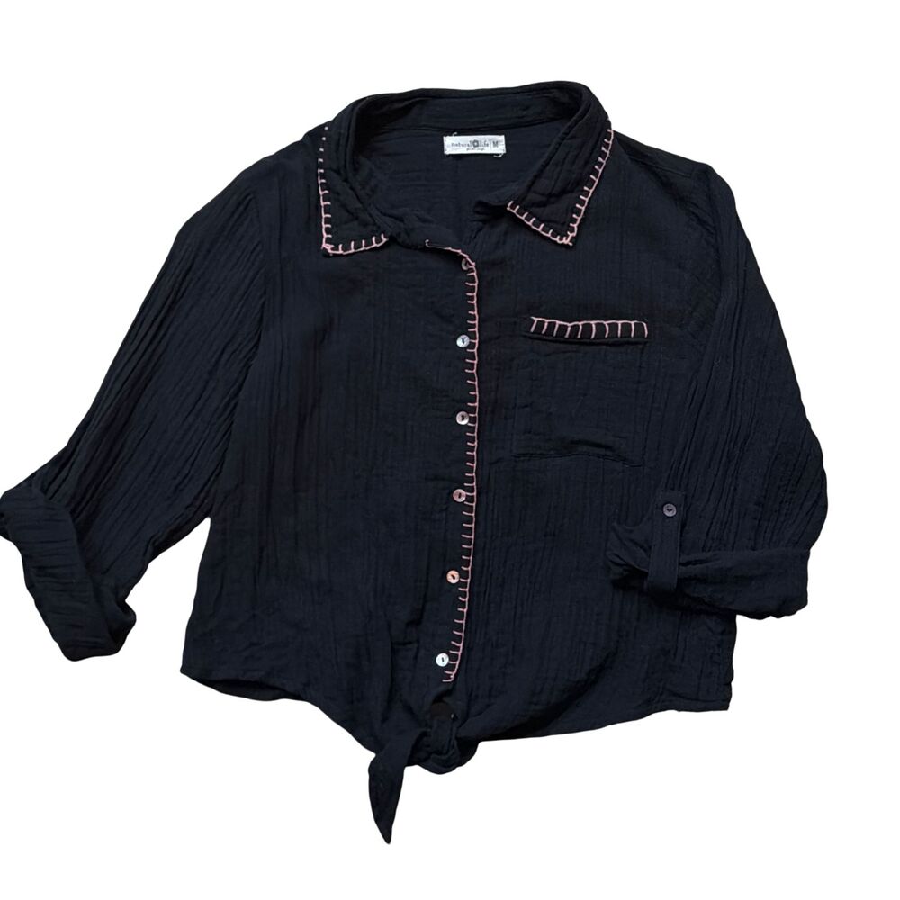 Natural Life Lola Tie Front Roll Tab Sleeve Shirt Cotton Gauze Black Medium Boho